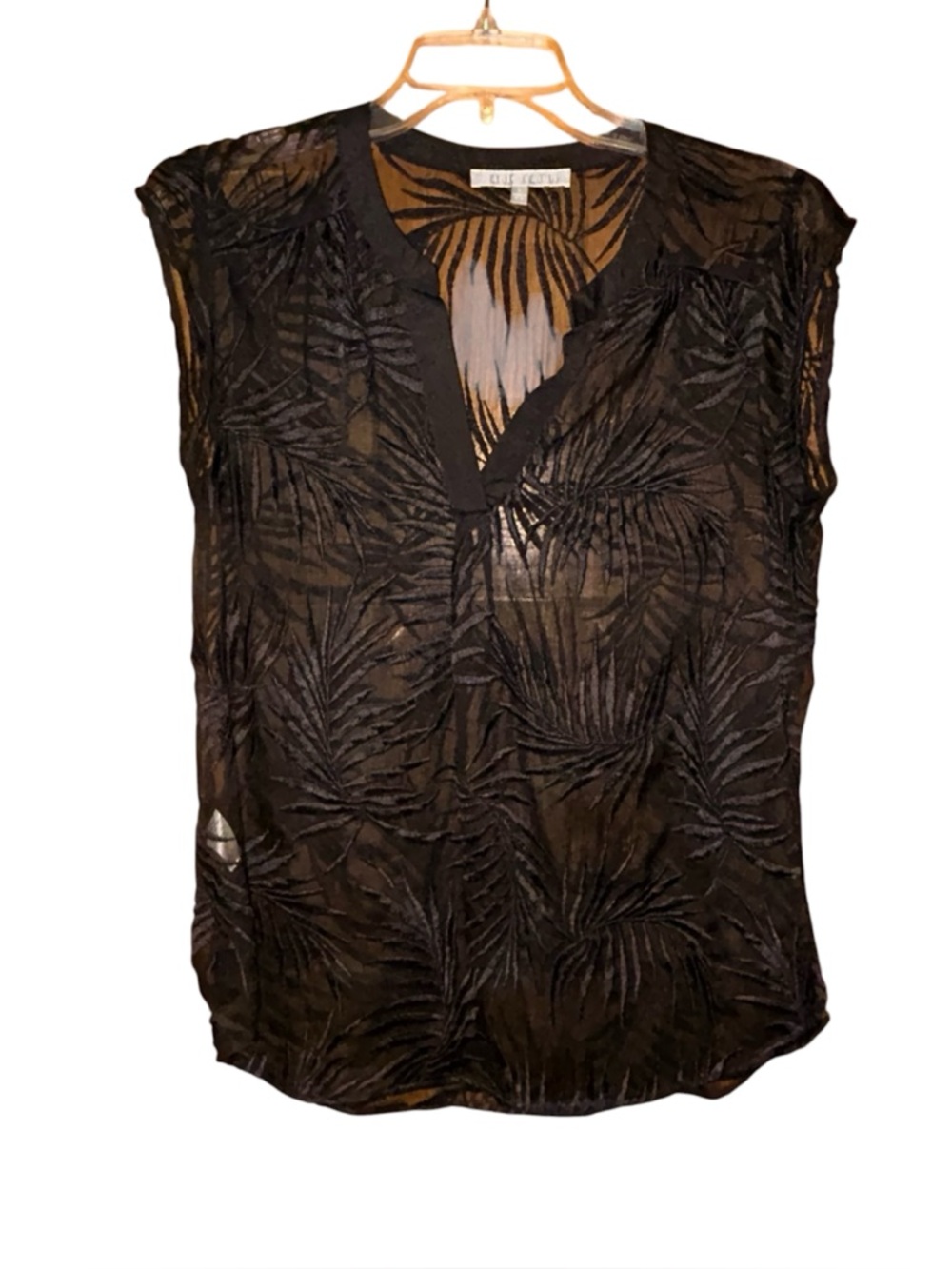 Daniel Rainn Black‎ Sheer Palm Print Blouse Sleeveless Small Resort Vacation